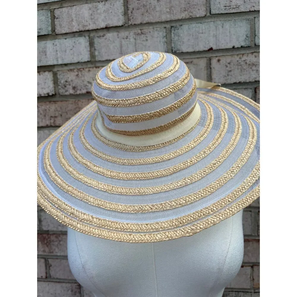 Vintage Bambergers Italian Stripe Floppy Hat Tan Cream Ribbon Trim Beach Cottage